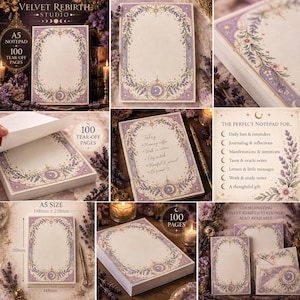 May include: An A5 notepad with 100 tear-off pages featuring a cream-colored center framed by a decorative border of purple flowers, vines, and celestial moon and star motifs. The notepad measures 148mm by 210mm and includes text detailing its uses.