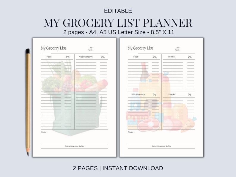 Printable Grocery List, Cute Grocery List, Vegetarian Grocery List ...