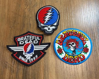 Parches bordados de GRATEFUL DEAD - Parches termoadhesivos de la banda de rock psicodélico hippie (paquete de 3)
