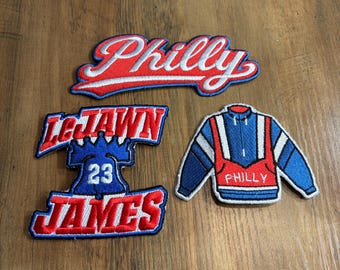 Parches LeJAWN JAMES Philadelphia de baloncesto - Bordados termoadhesivos (paquete de 3)