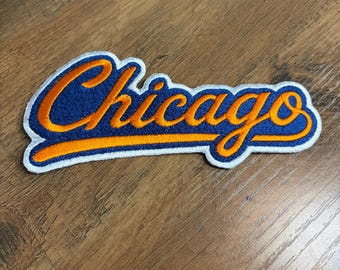Retro Chicago Football Navy Orange Graffiti Embroidered Patch Iron On (6 inch)