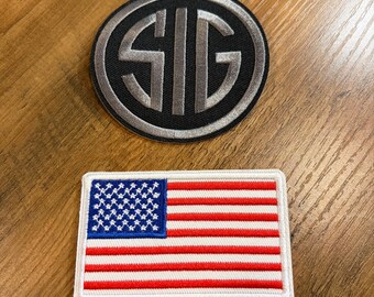 USA American Flag SIG Sauer Firearms Guns Morale Embroidered Iron On Patch (2 Pack)