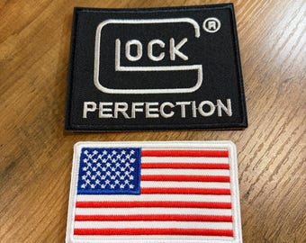 USA American Flag Glock Firearms Guns Morale Embroidered Iron On Patch (2 Pack)