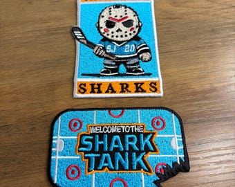 Parches bordados termoadhesivos con diseño de máscara de portero del equipo de hockey de San José en color turquesa (paquete de 2)