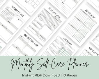 May include: A printable PDF planner with 10 pages for self-care. The pages include a monthly planner, a self-care planner, a life checklist, a goal tracker, and a monthly self-care page. The pages are designed with a minimalist aesthetic and feature a light green colour.