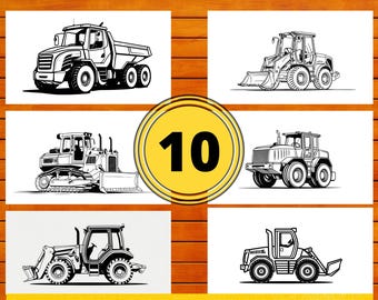 May include: A digital download featuring black and white line drawings of construction vehicles. The image includes a dump truck, bulldozer, and front-end loaders. The text at the top reads "Instant PDF Digital Download" and the text at the bottom reads "Construction Vehicles Coloring Pages".