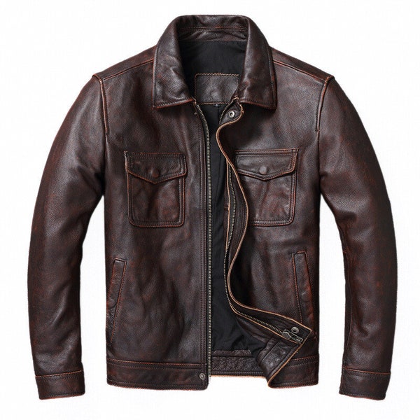 Veste marron en cuir véritable de style vintage pour moto pour hommes | Veste en cuir de motard Cafe Racer marron vieilli fait à la main pour homme