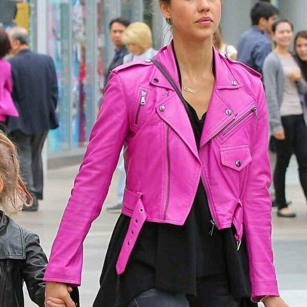 Veste en cuir véritable pour femmes rose chaud, veste en cuir rose pour femmes Slim Fit moto, veste en cuir de moto rose slim fit à la main, femme