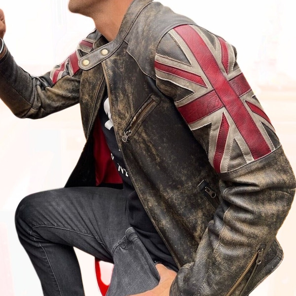 Men's Motorcycle Vintage Racer Union Jack Real Leather Distressed Jacket | Mens Handmade Distressed Brown Cafe Racer Biker Leather Jacket