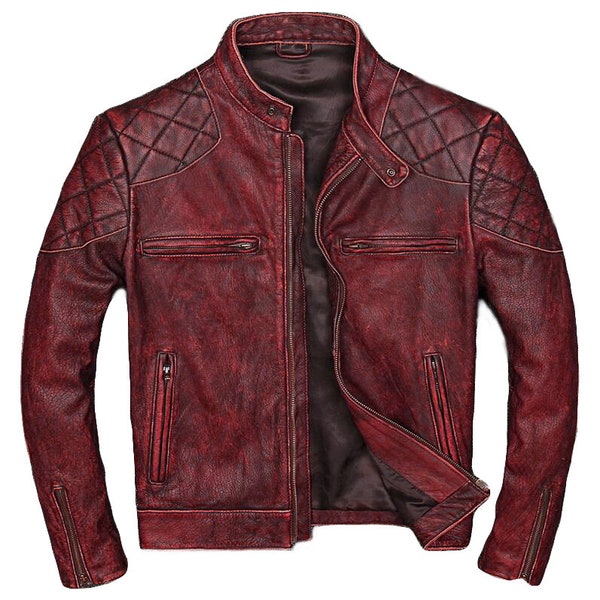 Veste en cuir de moto rouge en détresse pour homme Slim Fit | Homme Dimond Quilted vintage Biker Classic Red Leather Jacket