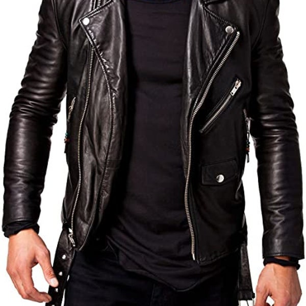 Veste de motard en cuir d'agneau coupe slim pour homme | Veste en cuir noir de moto de style classique faite à la main pour hommes