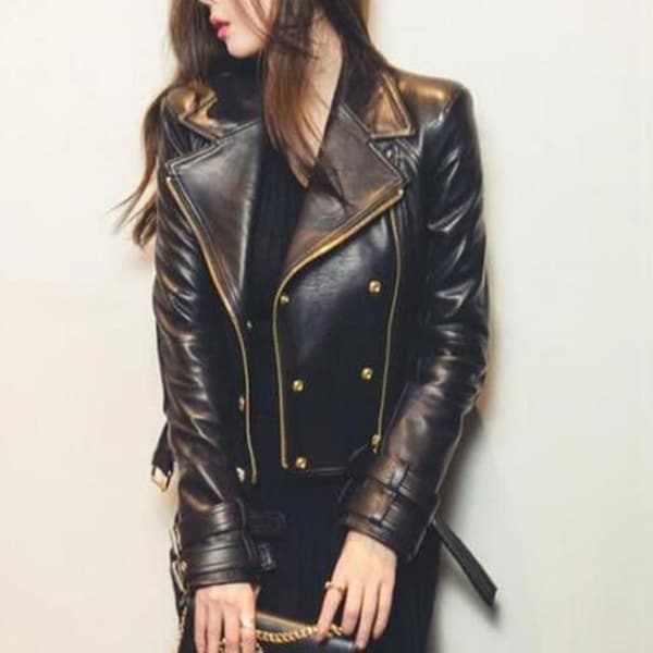 Femme Noir Moto Style Cuir Véritable Fait Main Moto Slim fit Biker Veste