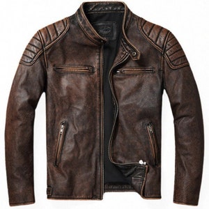 Mens Slim Fit Handmade Biker Brown Leather Jacket Men Vintage Style ...