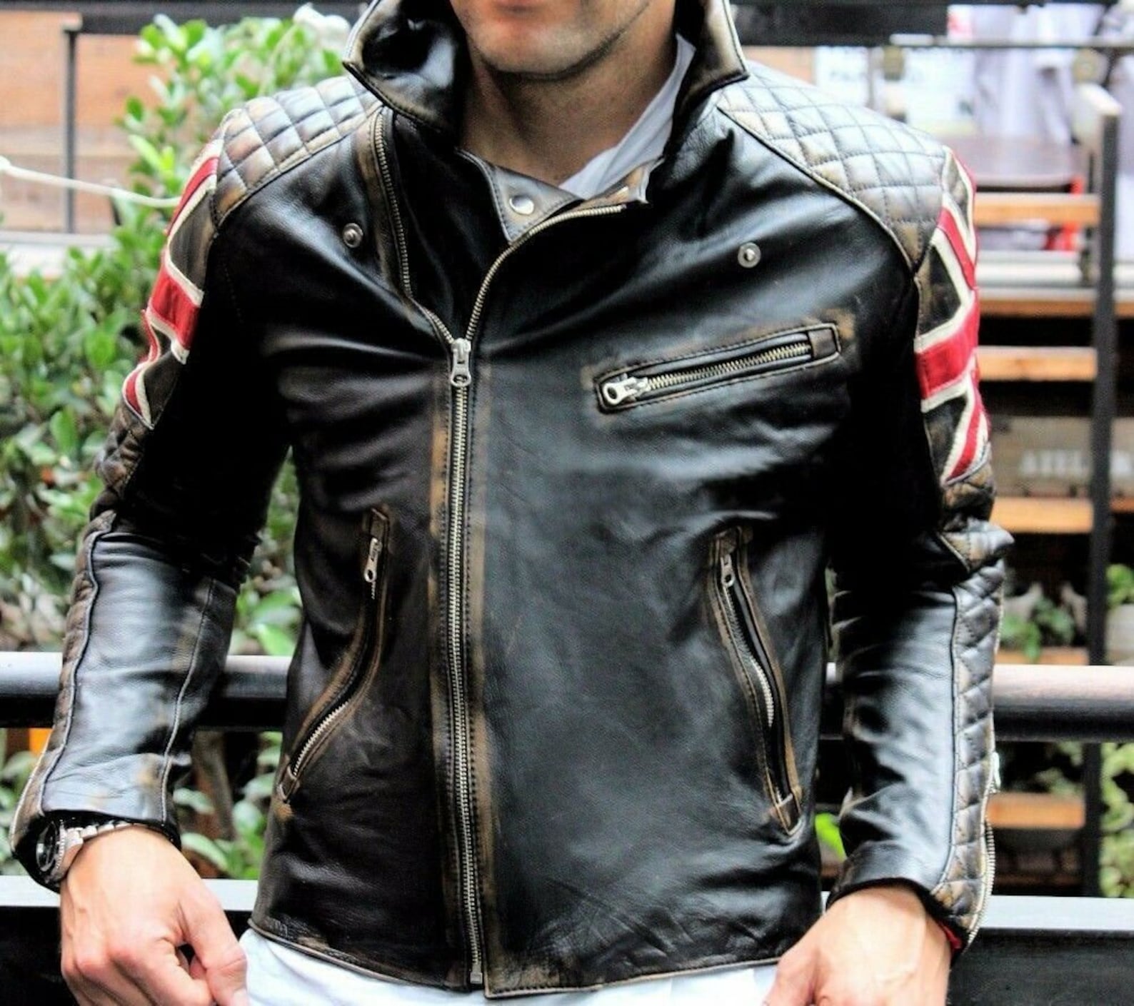 Men's Slim Fit Quilted Vintage Style Biker Leather Jacket Mens Handmade ...