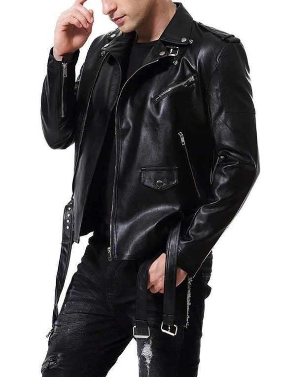 Unique Men's Real Leather Zipper Pockets Black Slim Fit Biker