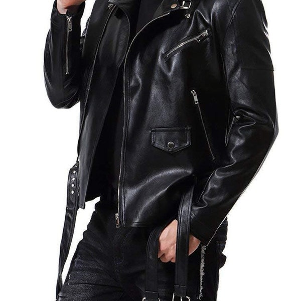 Veste en cuir d'agneau noir coupe ajustée pour homme | Veste de moto en cuir noir pour homme | Veste en cuir de motard style classique noir pour homme
