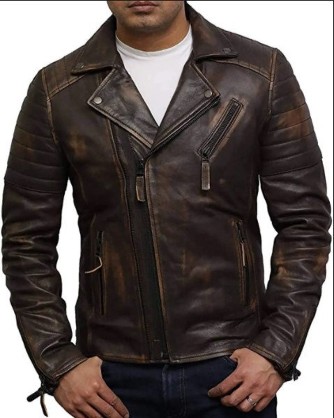 Men's Vintage Style Brown Rub off Biker Real Leather Jacket Mens ...