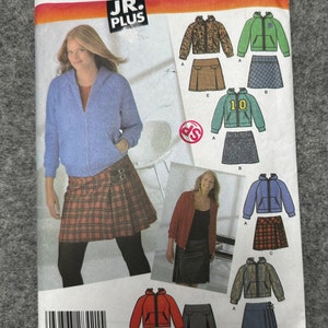 May include: A sewing pattern for a hooded jacket and skirt. The pattern is for sizes 13/14 to 21/22. The pattern includes a variety of different styles, including a plaid skirt, a leopard print jacket, and a solid color jacket. The pattern is from Simplicity and is labeled JR. PLUS.