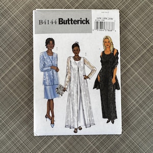 May include: A Butterick sewing pattern, B4144, featuring illustrations of three different formal dresses and suits. The pattern includes sizes 16W, 18W, and 20W. The cover is white with the Butterick logo and product information.