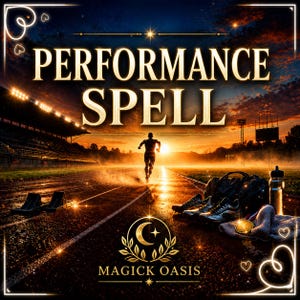 Może przedstawiać: Obraz z napisem "PERFORMANCE SPELL" nad sylwetką biegacza na bieżni. Tło przedstawia stadion i zachód słońca. Logo "MAGICK OASIS" znajduje się na dole.