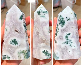Moss agate tower with druzy, large - medium - small size moss agate towers, crystals healing