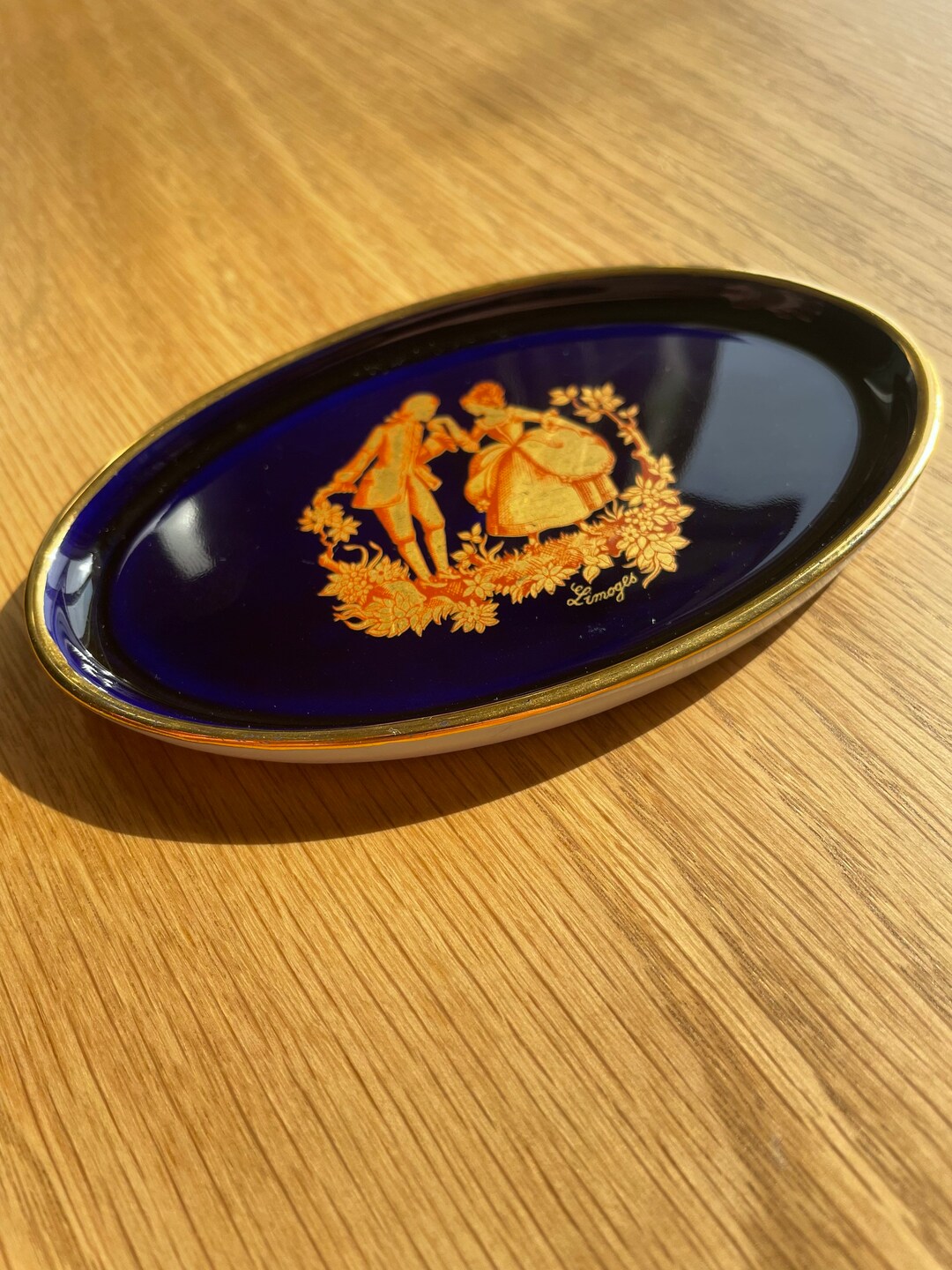 Limoges Vintage Pin Tray Royal Blue With Gilt Edges Decorated With