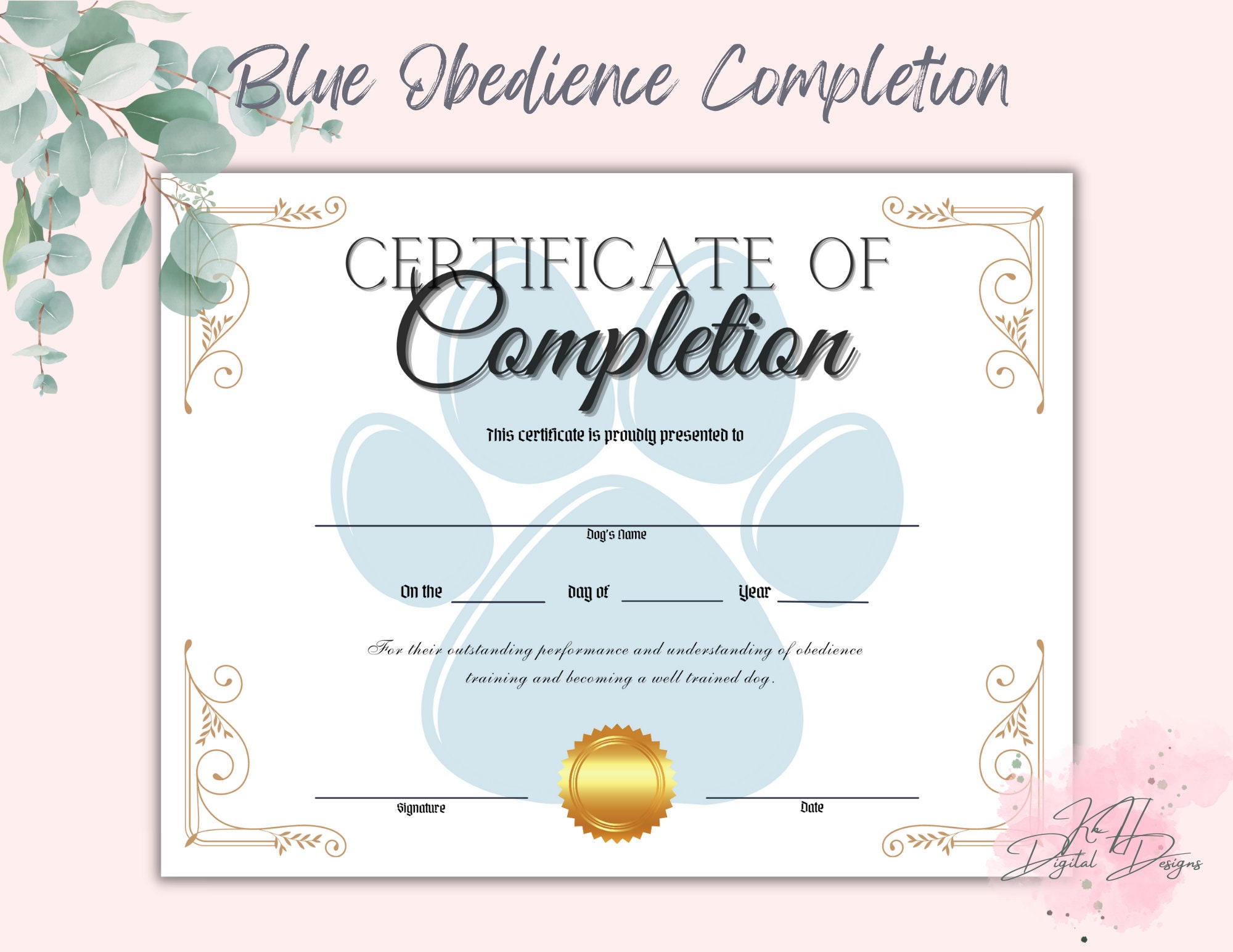 Dog Obedience Certificate of Completion, Printable, Fillable PDF ...