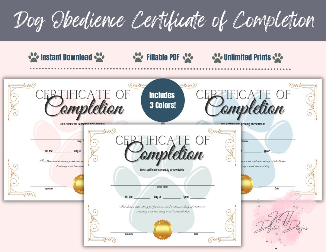 Dog Obedience Certificate of Completion, Printable, Fillable PDF ...