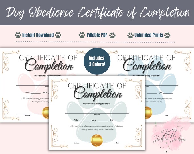 Dog Obedience Certificate of Completion, Printable, Fillable PDF ...