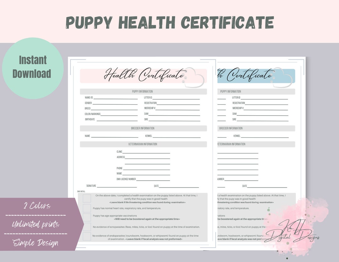 Puppy Health Certificate printable Etsy