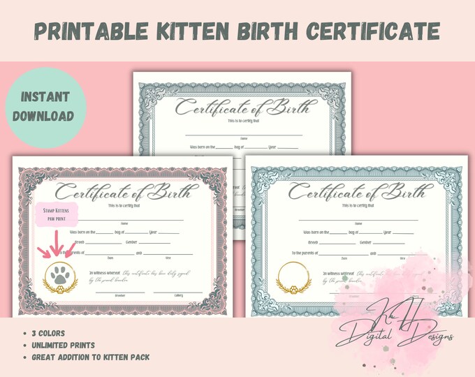 Printable Kitten Birth Certificate - Etsy