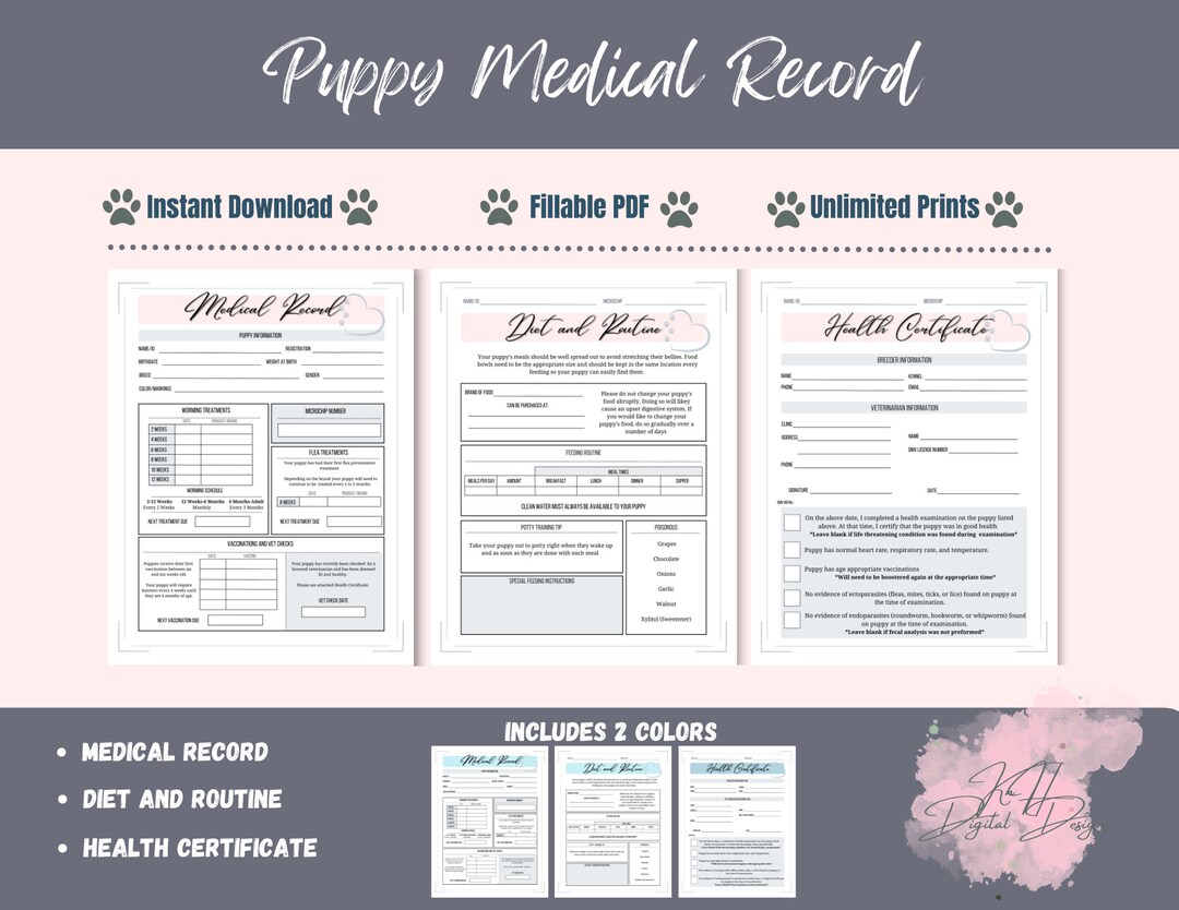 Puppy Medical Record, Printable, PDF Fillable Etsy