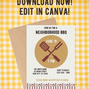 May include: A tan invitation for a neighborhood BBQ, featuring a brown graphic of crossed grilling tools. The invitation includes the text "DOWNLOAD NOW! EDIT IN CANVA!" and details for the event, including the date, time, and location.
