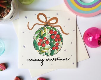 Merry Christmas Card | Floral Christmas Bauble | Family Christmas Card | Seasonal Greetings | Personalised Christmas Card | Holiday Cards