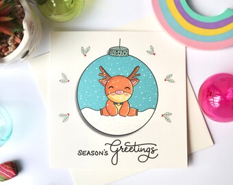 Season's Greetings Card | Cute Reindeer Bauble | Merry Christmas Card | Family Christmas Card | Personalised Christmas Card | Holiday Cards