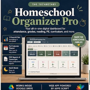 Puede incluir: Una pantalla de portátil muestra el panel digital "Homeschool Organizer Pro". La interfaz muestra información de asistencia, calificaciones y plan de estudios. Incluye calendario, informes y modo oscuro. La aplicación funciona dentro de Google Drive.