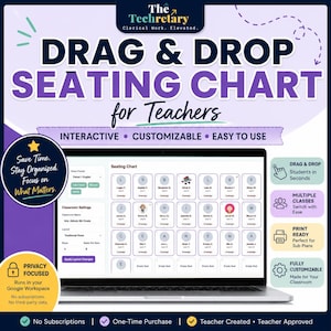 May include: A laptop displays a digital seating chart for teachers, with the text "DRAG & DROP SEATING CHART for Teachers." The chart is interactive, customizable, and easy to use. Features include drag and drop functionality, multiple classes, and print-ready options.