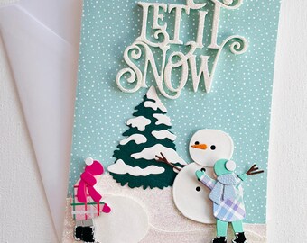 Handmade Christmas Card, Let It Snow Winter Greeting Card, Build A Snowman, Winter Scene, Gift For Children Or Grandchild Card