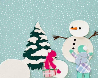 Christmas Die Cuts, Snowman Scene, Handmade Custom Dies DIY Christmas Card Topper, Scrapbooking Page Layout Embellishment,  Journal Ephemera