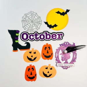 Lote de troqueles de Halloween, adornos de papel hechos a mano, creación de tarjetas, título de página de álbum de recortes, botas de bruja, calabazas, luna de octubre, calavera