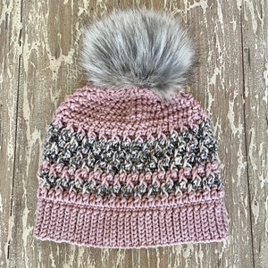 Pink and Variegated Gray/Pink/White Crochet Alpine Beanie with Faux Fur Pompom/ Winter Hat / Ski Beanie / Ski Lodge Hat / Outdoor Beanie