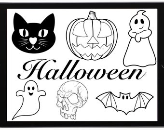 May include: Black and white line art illustration of Halloween characters including a cat, pumpkin, ghost, skull, and bat. The word "Halloween" is written in a decorative font.