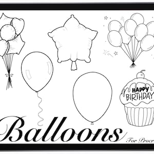 May include: A black and white digital illustration of various balloon shapes, including a star, heart, and round balloons. The illustration includes the text "Balloons" and "For Procreate".