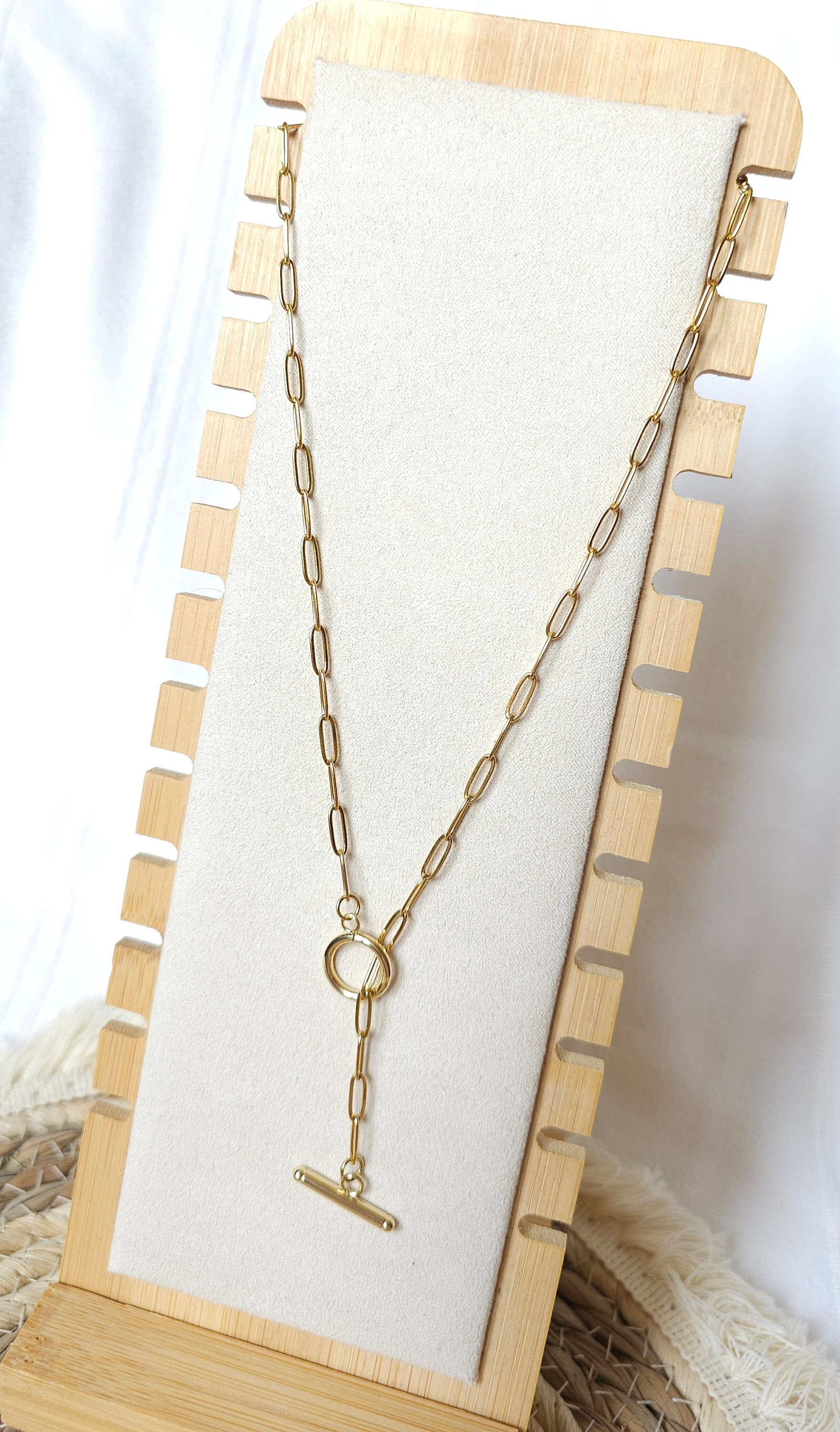 Paperclip & Pearl Drop Layered Necklace GOLD DOUBLE PAPERCLIP CHAIN WITH PEARLS T BAR CLOSURE display picture 1