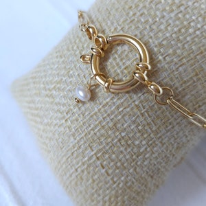Bracelet chaîne trombone Fermoir bouée Perle de culture/perle naturelle Acier inoxydable doré image 4