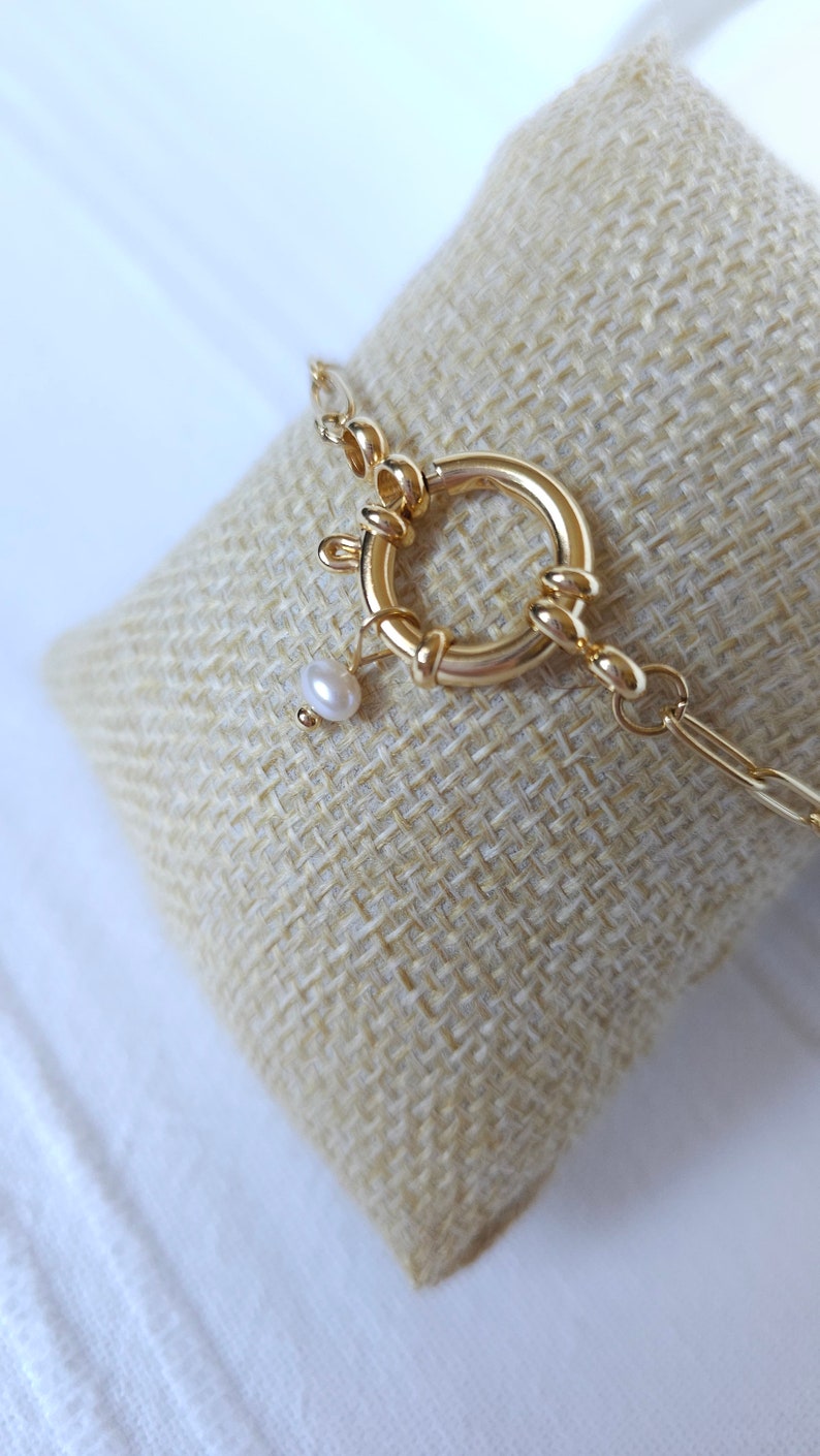 Bracelet chaîne trombone Fermoir bouée Perle de culture/perle naturelle Acier inoxydable doré image 4