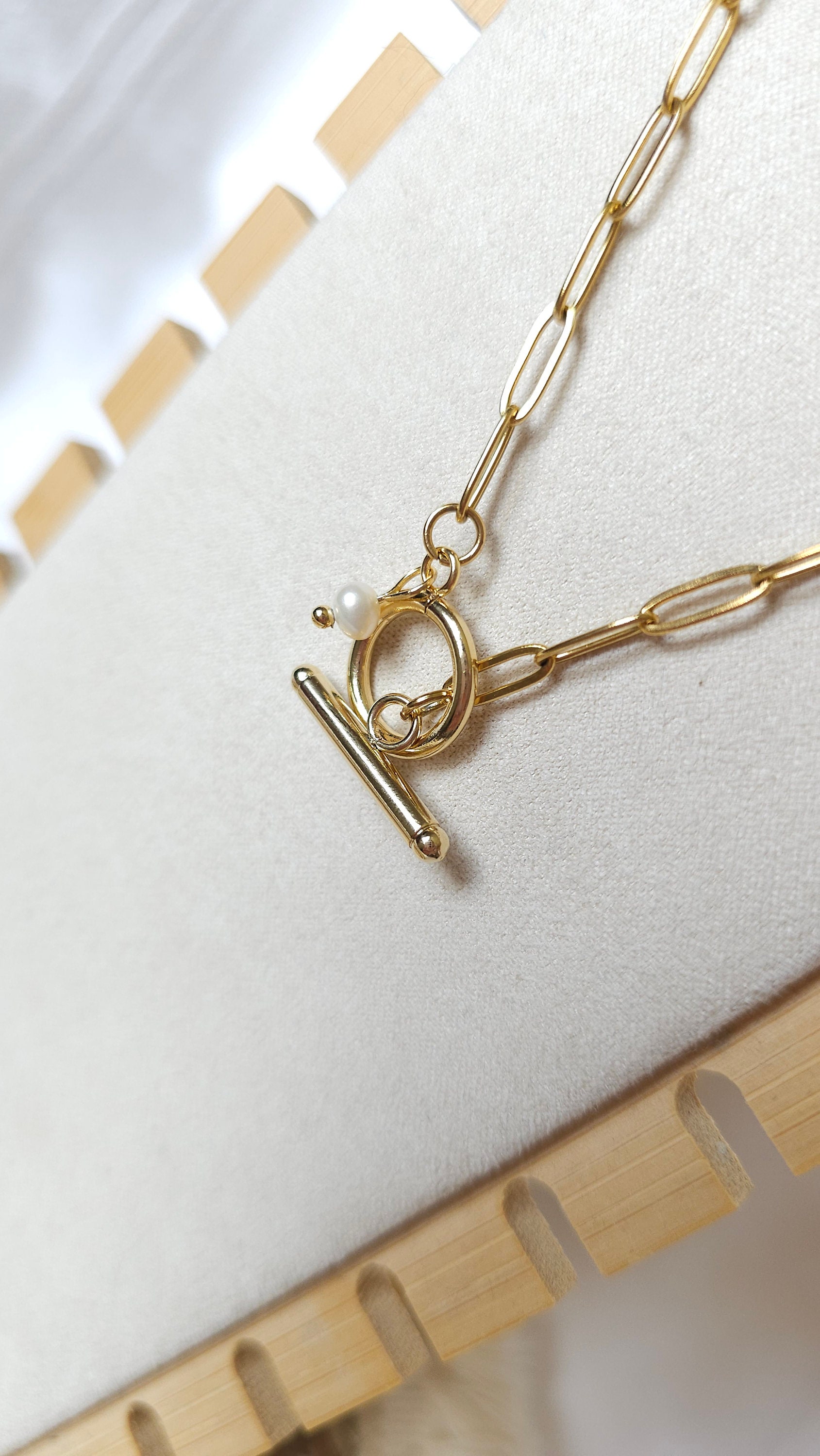 Paperclip & Pearl Drop Layered Necklace GOLD DOUBLE PAPERCLIP CHAIN WITH PEARLS T BAR CLOSURE main image 1