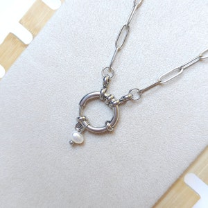 Paperclip chain necklace - Buoy clasp - Silver-plated stainless steel - Cultured pearl/natural pearl