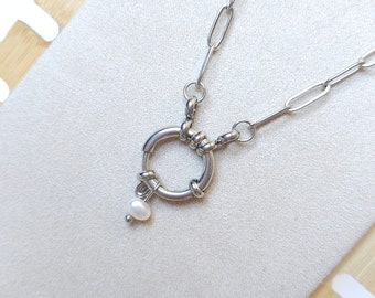 Paperclip chain necklace - Buoy clasp - Silver-plated stainless steel - Cultured pearl/natural pearl