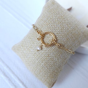 Bracelet chaîne trombone Fermoir bouée Perle de culture/perle naturelle Acier inoxydable doré image 3